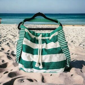 Gap Hobo Beach Pool Tote Bag White Green Weekender Rope Drawstring Snap Recycled